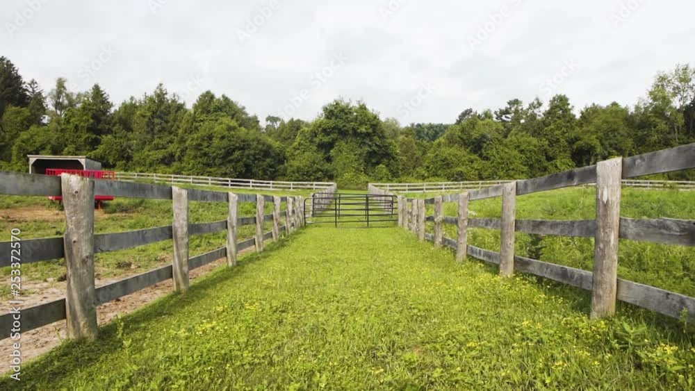 Two pastures with wooden fences on a countryside farm. Two pastures with wooden fences on a countryside farm.