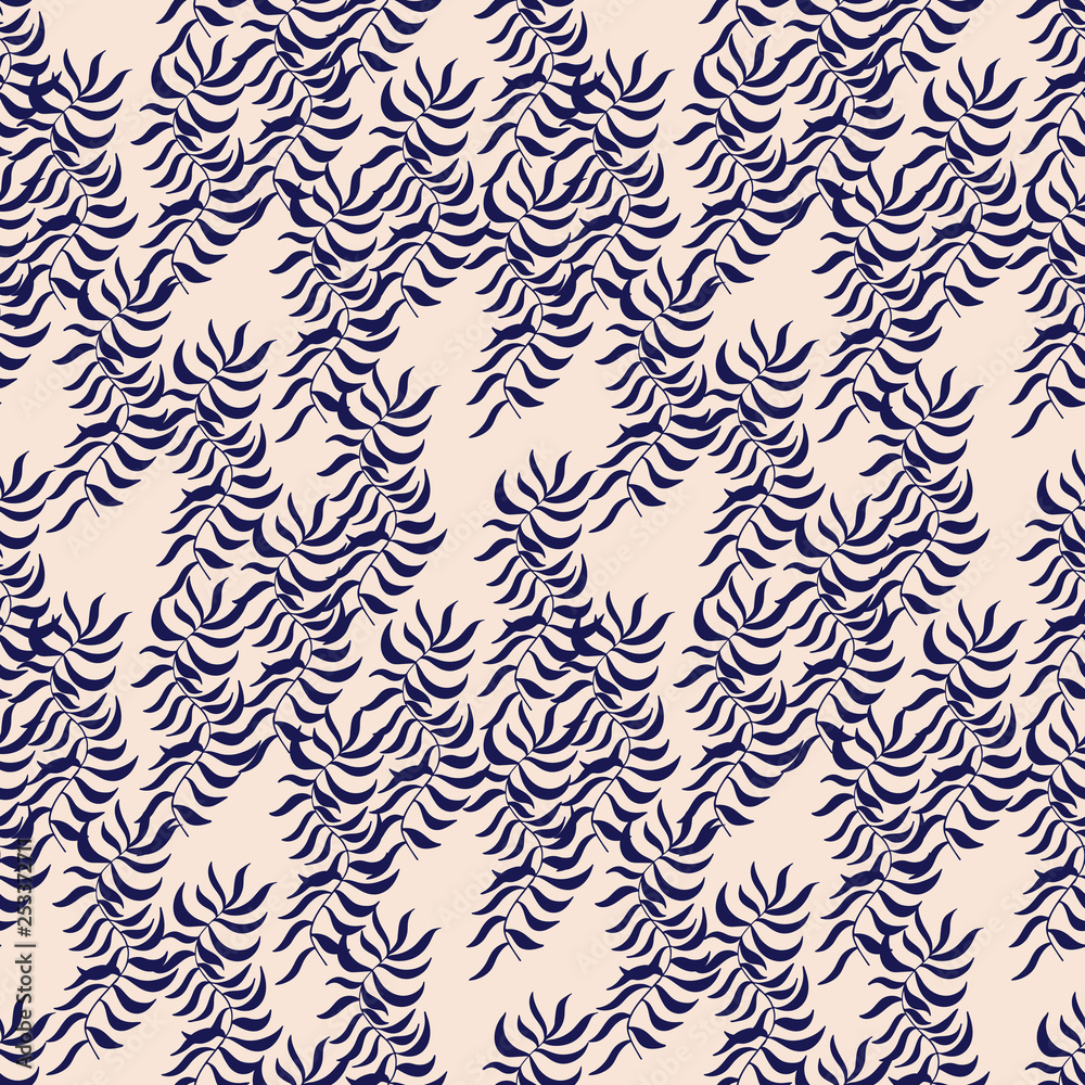 Abstract floral seamless texture with dark blue leaves of palm tree on light coloured background. Hand drawn shape branches. Cute surface pattern design textile. Wallpaper, fabric templates. Abstract floral seamless texture with dark blue leaves of palm tree on light coloured background. Hand drawn shape branches. Cute surface pattern design textile. Wallpaper, fabric templates.