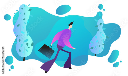 People character on colorfull clothes with a suitcase in his hand hurries to work, meeting.