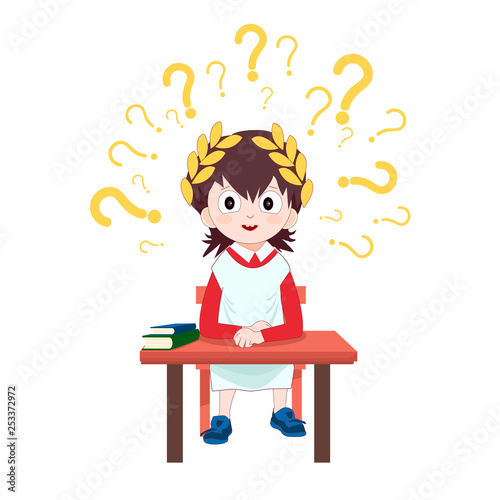 Schoolboy in ancient rome tunic sitting at the desk with books. Concept for kids school education brochure, poster. Isolated Vector illustration