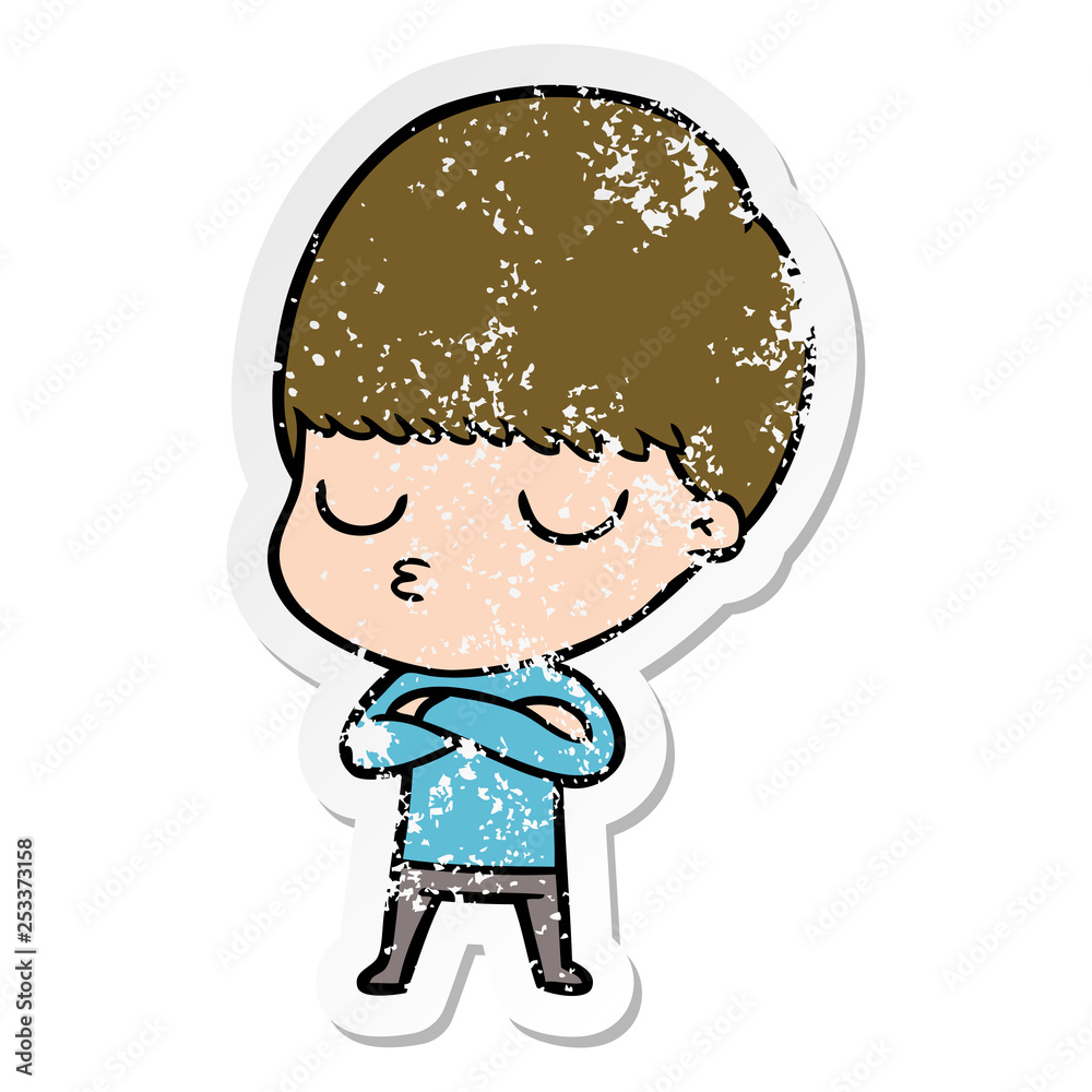 distressed sticker of a cartoon calm boy distressed sticker of a cartoon calm boy