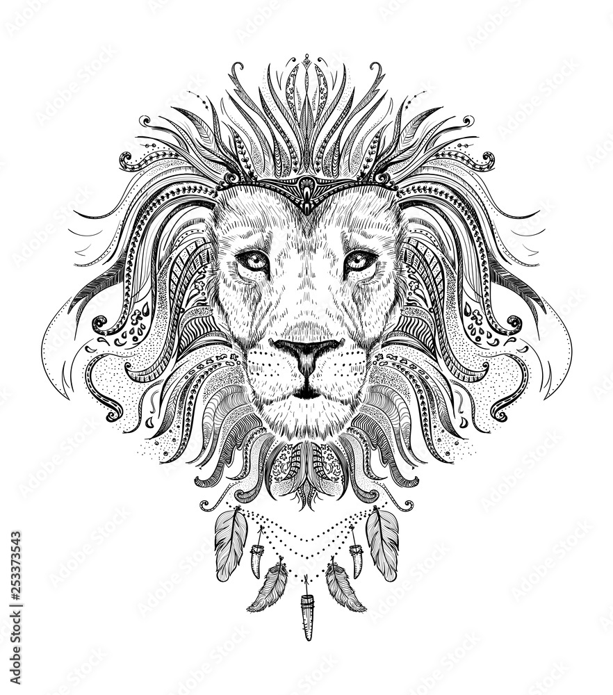 Graphic poster with lion king dressed in boho style feathers necklace ...