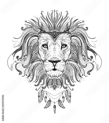Graphic poster with lion king dressed in boho style feathers necklace  front view portrait