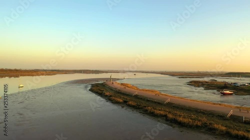 Aerial sequence tracking the River Chelmer near Maldon in Essex and featuring the Statue of Byrhtnoth who was Ealdorman of Essex and died 11 August 991 at the Battle of Maldon. 