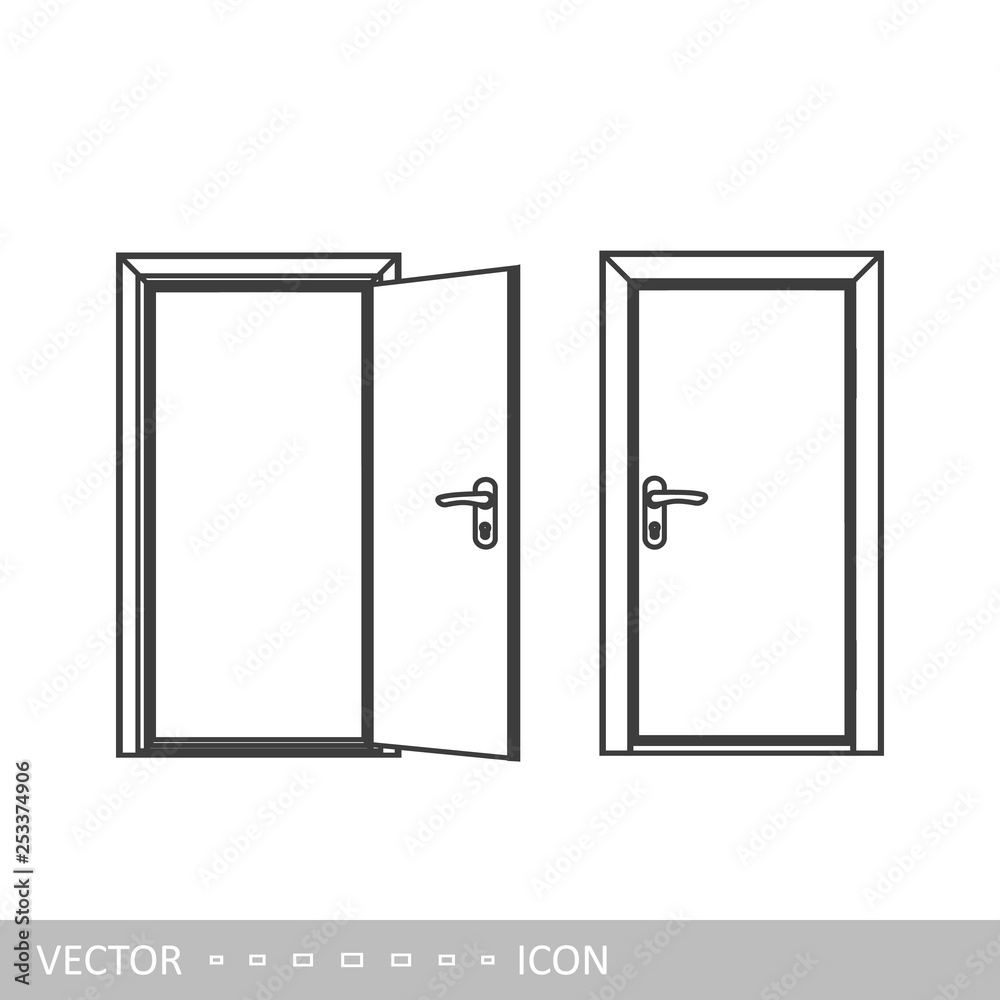 Open and closed doors. Vector icon in the style of linear design. Open and closed doors. Vector icon in the style of linear design.