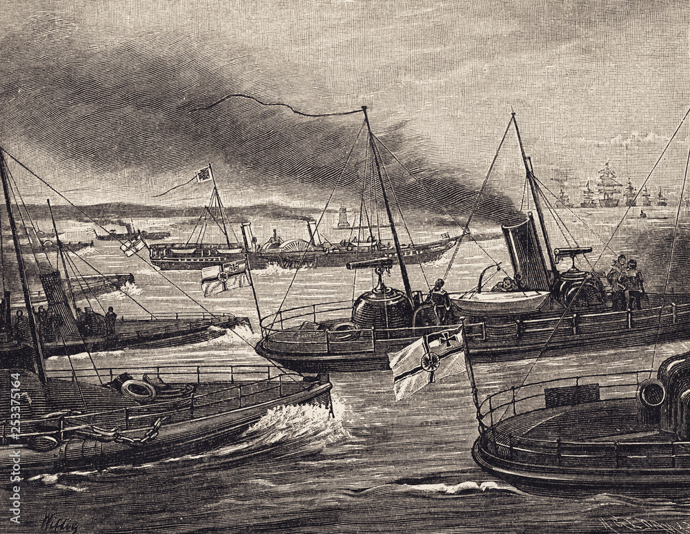 Fototapeta premium Emperor Wilhelm II. Journey to visit the Russian tsar: S. M. yacht 'Hohenzollern' and the accompanying torpedo boats. - Illustration, Germany, 1880-1889, 19th Century, 19th Century Style, Adventure