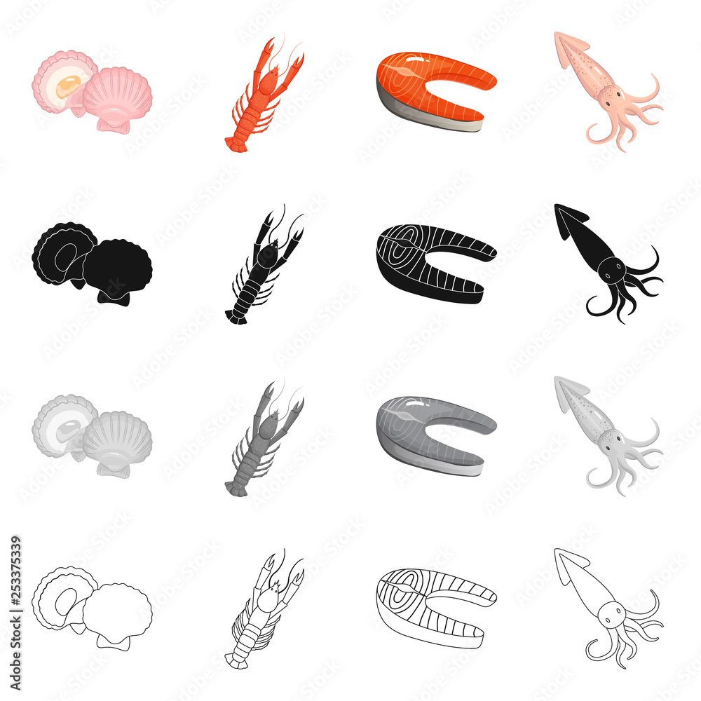 Vector design of fresh and restaurant symbol. Set of fresh and marine stock vector illustration. Vector design of fresh and restaurant symbol. Set of fresh and marine stock vector illustration.