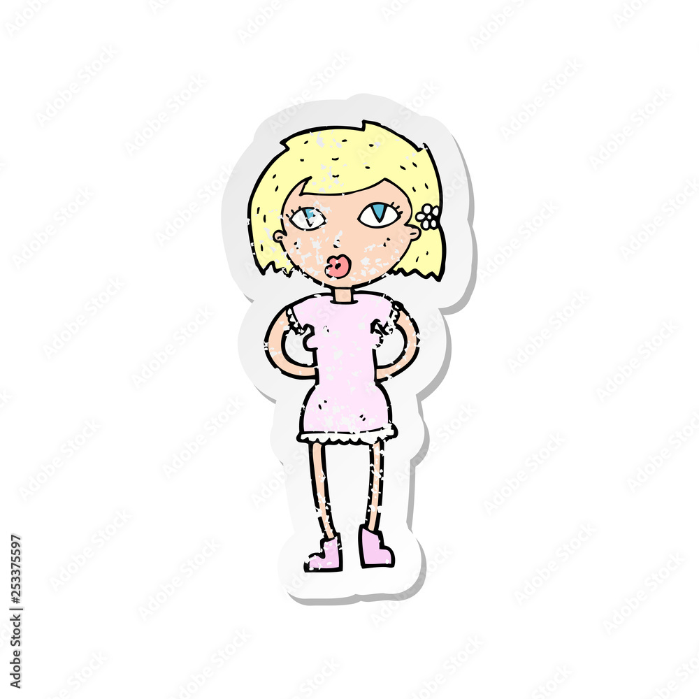 retro distressed sticker of a cartoon woman retro distressed sticker of a cartoon woman