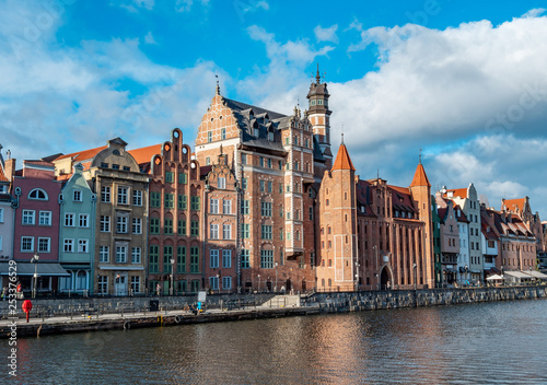 Waterfront promenade in Gdansk alongside Motlawa River, old town, very popular tourist location.