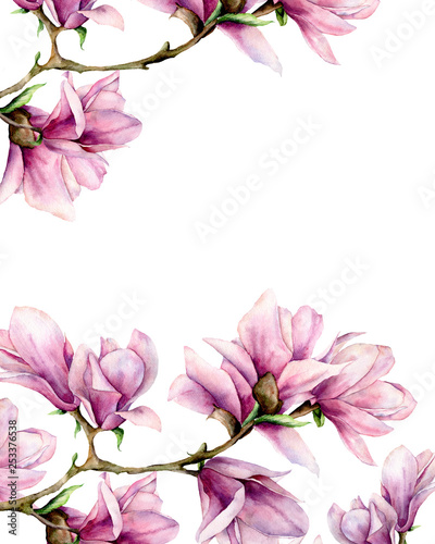 Watercolor magnolia and leaves vertical card. Hand painted border with flowers on branch isolated on white background. Floral elegant illustration for design  print.