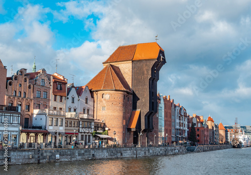 Old city in Poland with the oldest medieval port crane (Zuraw) in Europe and a promenade along the riverbank of Motlawa River