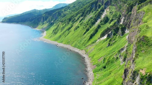 Shiretoko peninsula coastal view with fishing boats