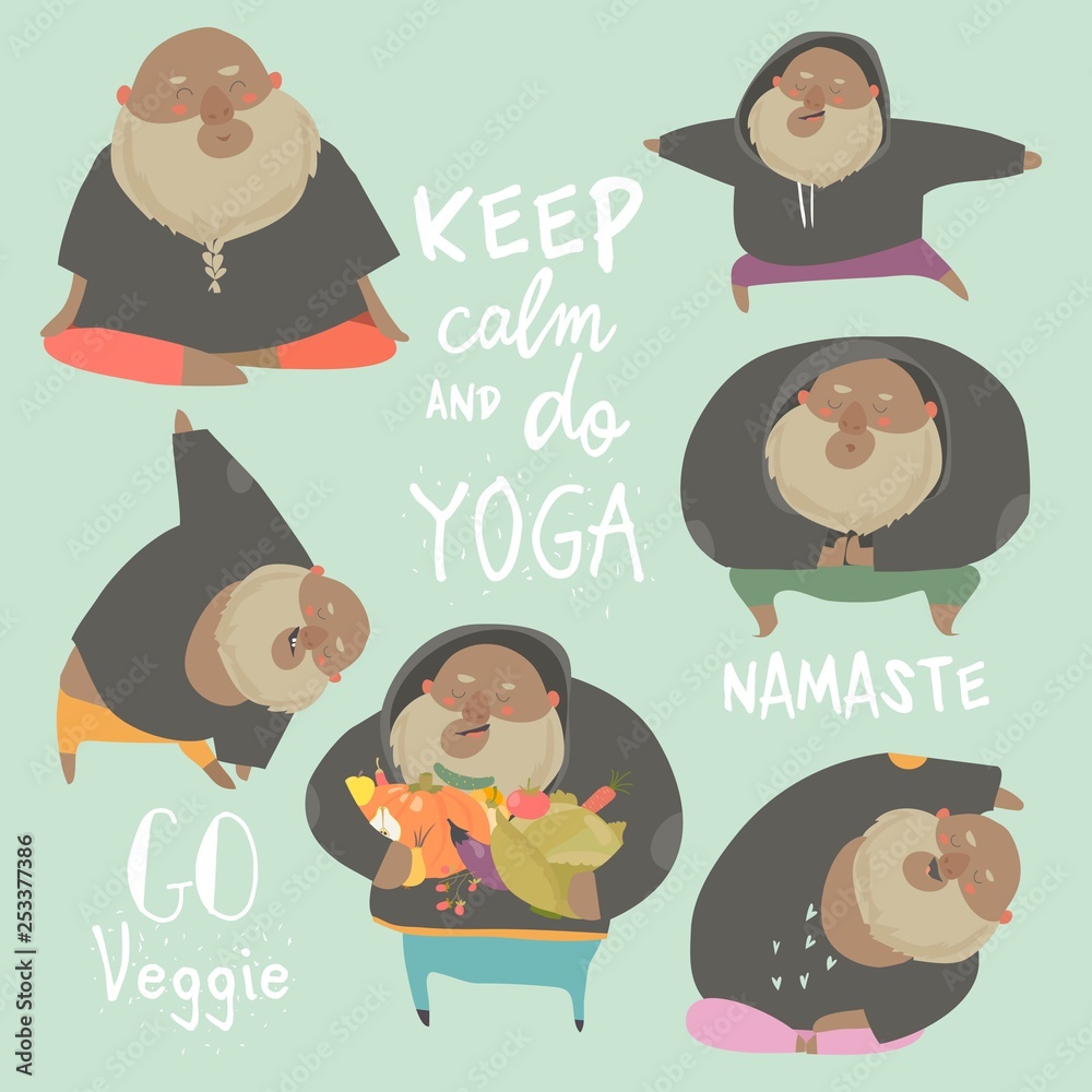 Fototapeta premium Funny chubby man doing yoga. Healthy lifestyle