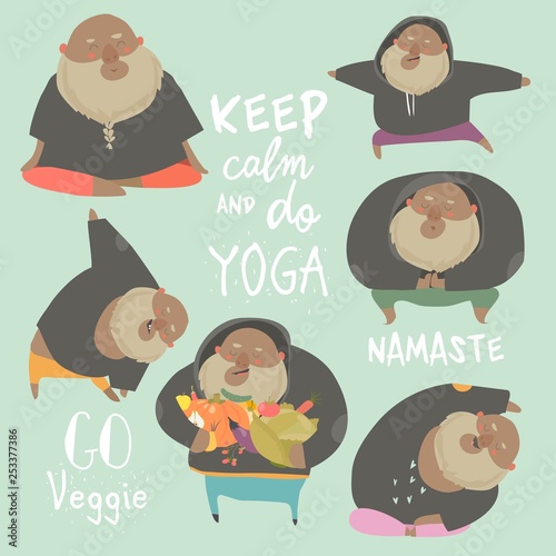 Funny chubby man doing yoga. Healthy lifestyle