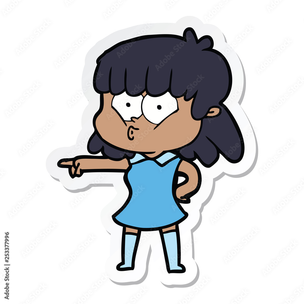 sticker of a cartoon whistling girl pointing sticker of a cartoon whistling girl pointing