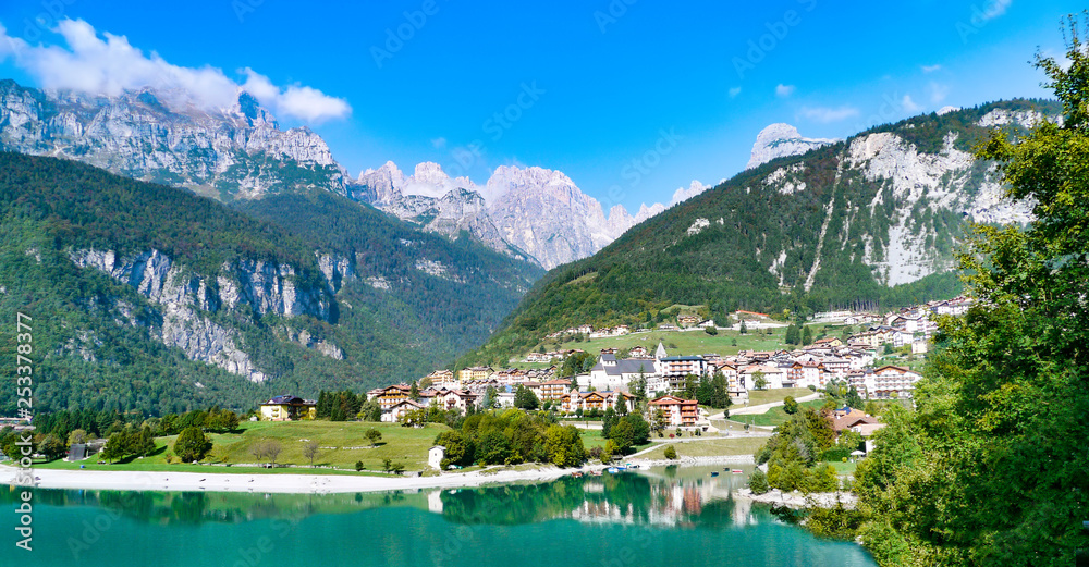 Lake Molveno, a wonderful lake, in western Trentino Alto Adige, Italy, at the foot of the Brenta Dolomites.