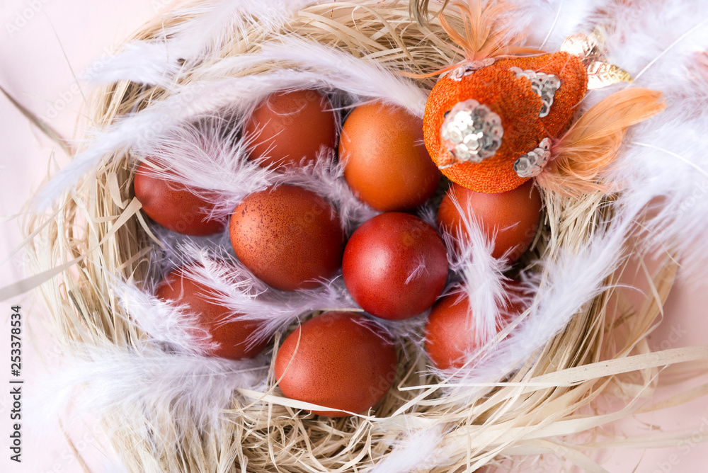 nest with painted brown Easter eggs, bird, top view nest with painted brown Easter eggs, bird, top view