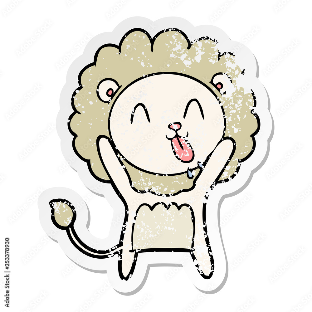 distressed sticker of a happy cartoon lion