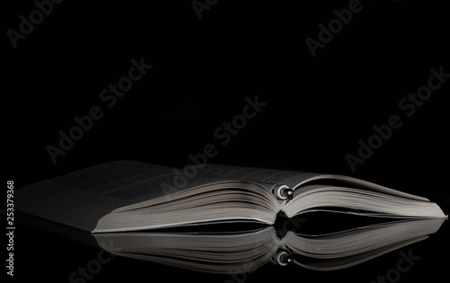 Book. Opened. B&W. Pencil. Side. Light. Reflection. Black
