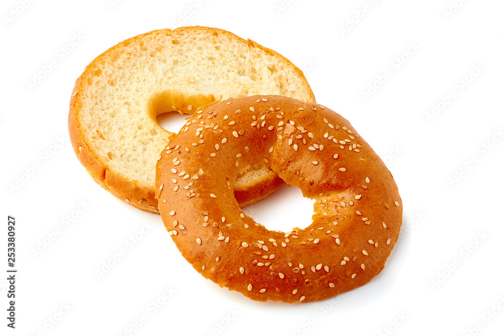 Fresh and sliced bagel on white background Fresh and sliced bagel on white background