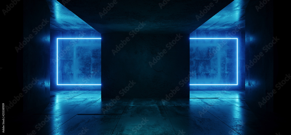 Retro Neon Laser Modern Sci Fi Elegant Retro Club Stage Hall Glowing  Blue Frame Light Rectangle In Dark Empty Grunge Concrete Tunnel Room 3D Rendering