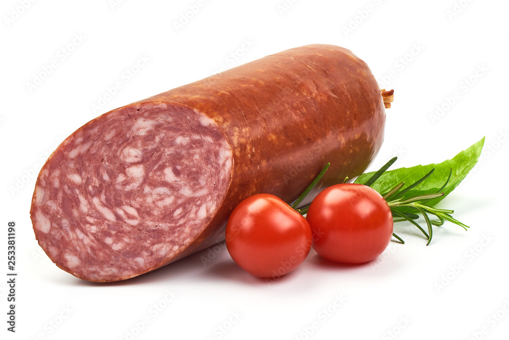 Cold Salami, Smoked sausage, herbs and tomatoes, isolated on white background. Close-up