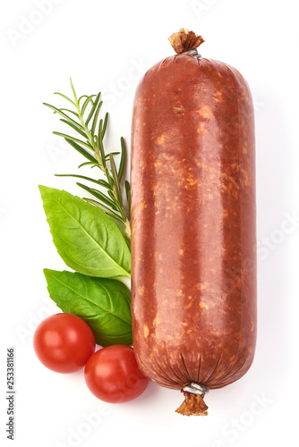 Cold Salami, Smoked sausage, herbs and tomatoes, isolated on white background. Top view