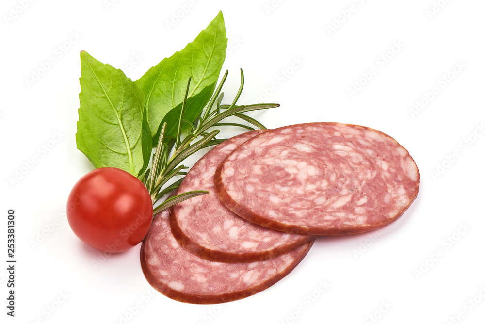 Salami slices, thinly sliced sausage, isolated on white background. Close-up