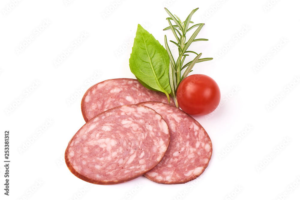 Salami slices, thinly sliced sausage, isolated on white background. Close-up