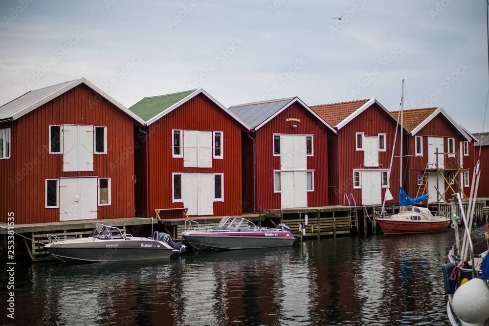 Beautiful little town of smögen in sweden, boats, model and flags