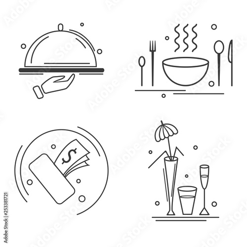 Set of linear black simple icons composed on white background and showing activities and travels.