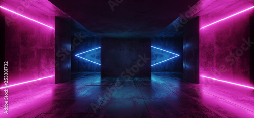 Fototapeta Naklejka Na Ścianę i Meble -  Retro Arrow Neon Laser Modern Sci Fi Elegant Retro Club Stage Glowing  Blue Pink Purple Frame Light Rectangle In Dark Empty Grunge Concrete Tunnel Hall Room 3D Rendering