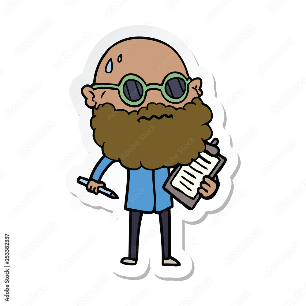 sticker of a cartoon worried man with beard and sunglasses taking survey sticker of a cartoon worried man with beard and sunglasses taking survey