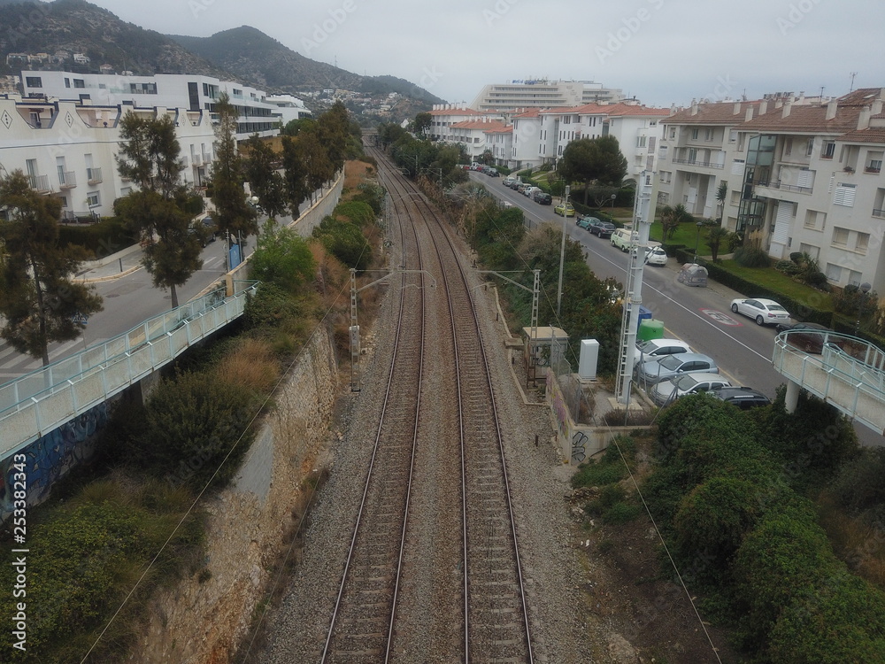 Railway to train station of Sitges. Barcelona. Spain. Aerial view