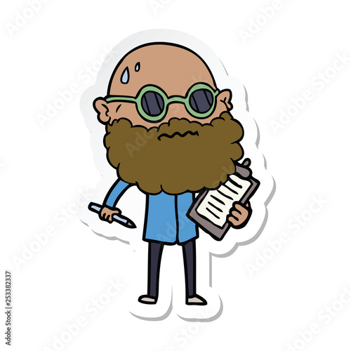 sticker of a cartoon worried man with beard and sunglasses taking survey