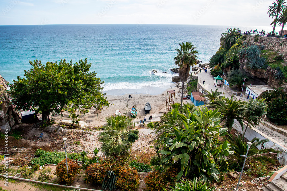 one of the seven beaches of the resort of Nerja on the eastern Costa del Sol in Andalucia in Southern Spain