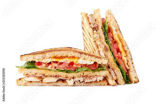 Delicious sliced club sandwich on white background