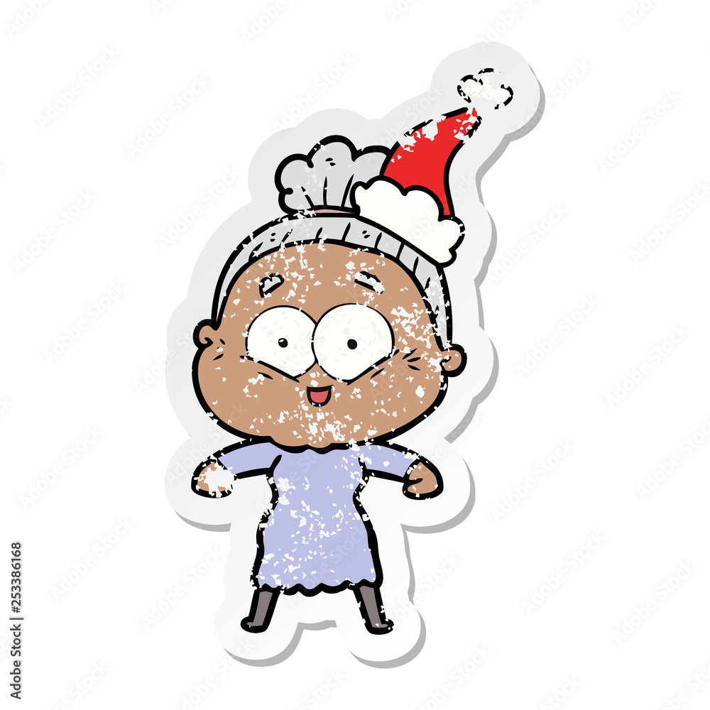 distressed sticker cartoon of a happy old woman wearing santa hat distressed sticker cartoon of a happy old woman wearing santa hat