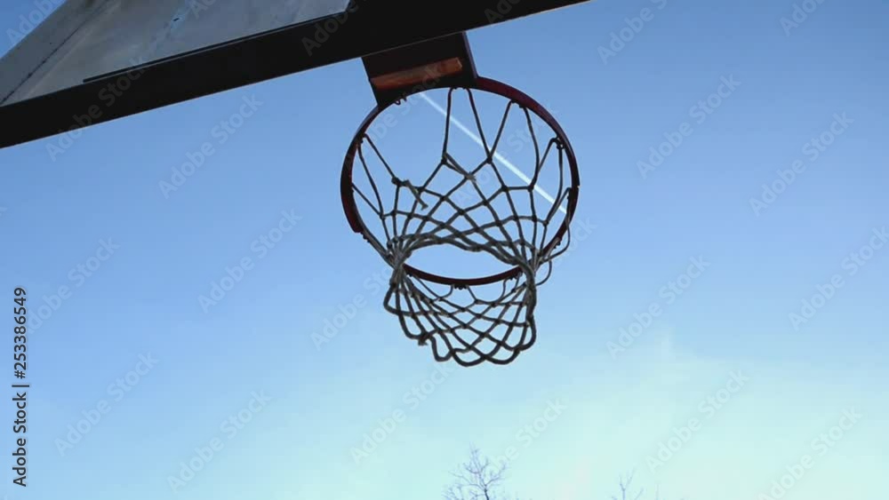 A view from below a basketball backboard and net with a blue sky and a jet flying across the horizon A view from below a basketball backboard and net with a blue sky and a jet flying across the horizon