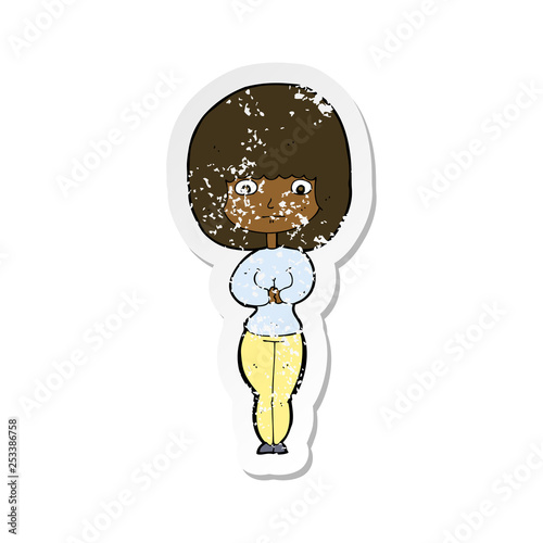 retro distressed sticker of a cartoon shy woman
