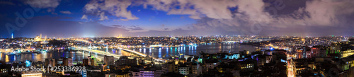 Istanbul city panoramic top view at night. Majestic cityscape seen from famous Galata tower. Sea with bridges, houses and Turkish mosques