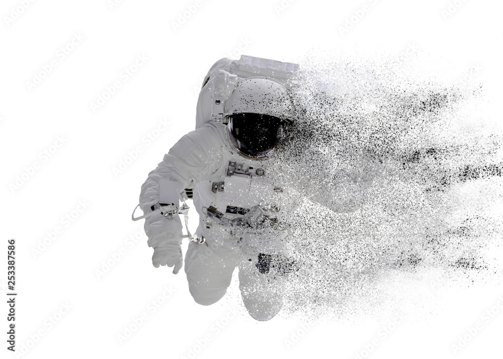 Space Astronaut particle disintegration isolated on white background. Space disaster concept. Elements of this image were furnished by NASA