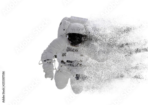 Space Astronaut particle disintegration isolated on white background. Space disaster concept. Elements of this image were furnished by NASA