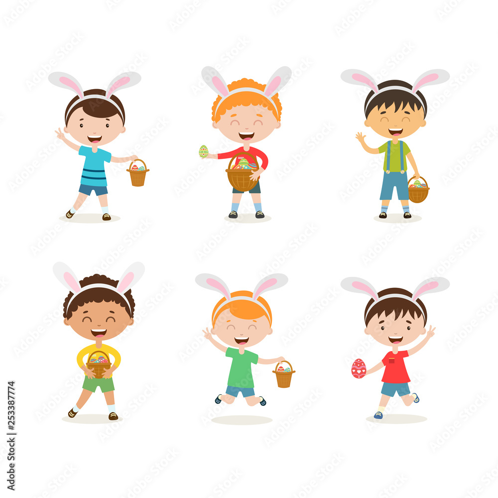 Cartoon children with bunny ears set. Spring cute boys in easter costumes with basket and egg. Children hunting for easter eggs Cartoon children with bunny ears set. Spring cute boys in easter costumes with basket and egg. Children hunting for easter eggs