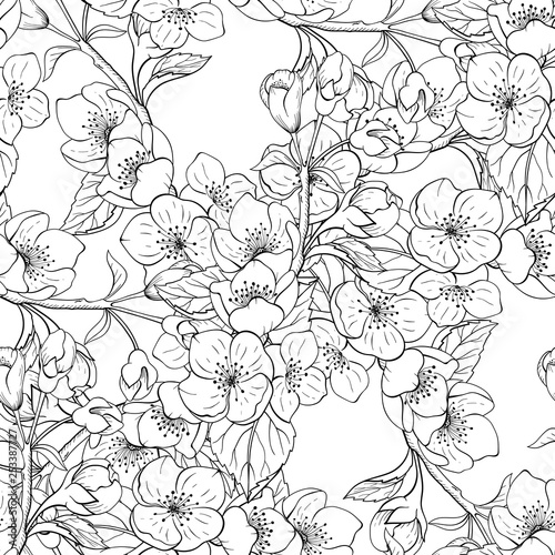Seamless black and white jasmine floral pattern.  Background, textile, backdrop, fabric.Vector file  not cropped - clipping mask used for easy editing.