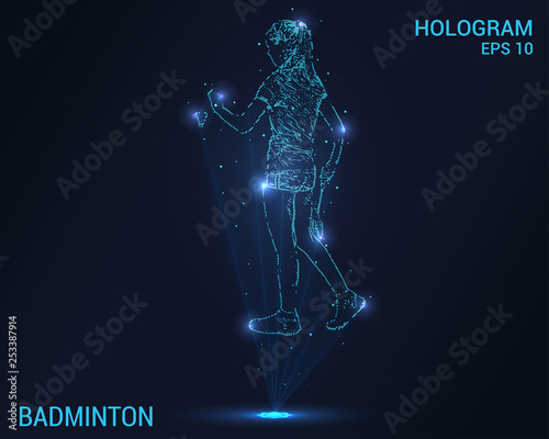 Badminton hologram. Digital and technological badminton background. Futuristic badminton design.