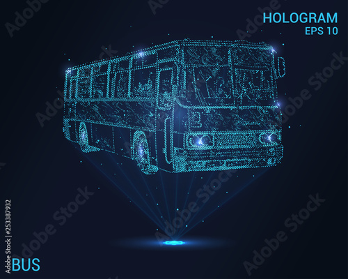 The bus is a hologram. Digital and technological background of the bus. Futuristic bus design.