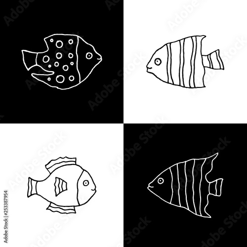 Cute cartoon hand drawn fish drawing set. Sweet vector black and white fish drawing set. Isolated monochrome doodle fish drawing set.
