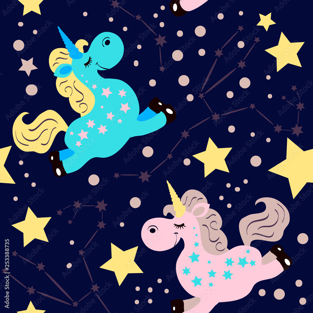 Obraz premium Cartoon style seamless pattern with two unicorns on dark