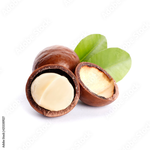 Macadamia nuts and green leaf isolated on white background